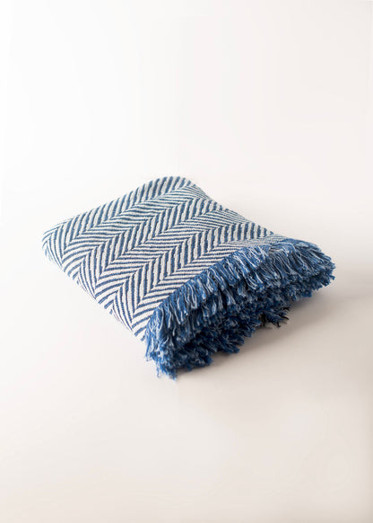 Henry Chambray Blue Herringbone Cotton Throw Blanket