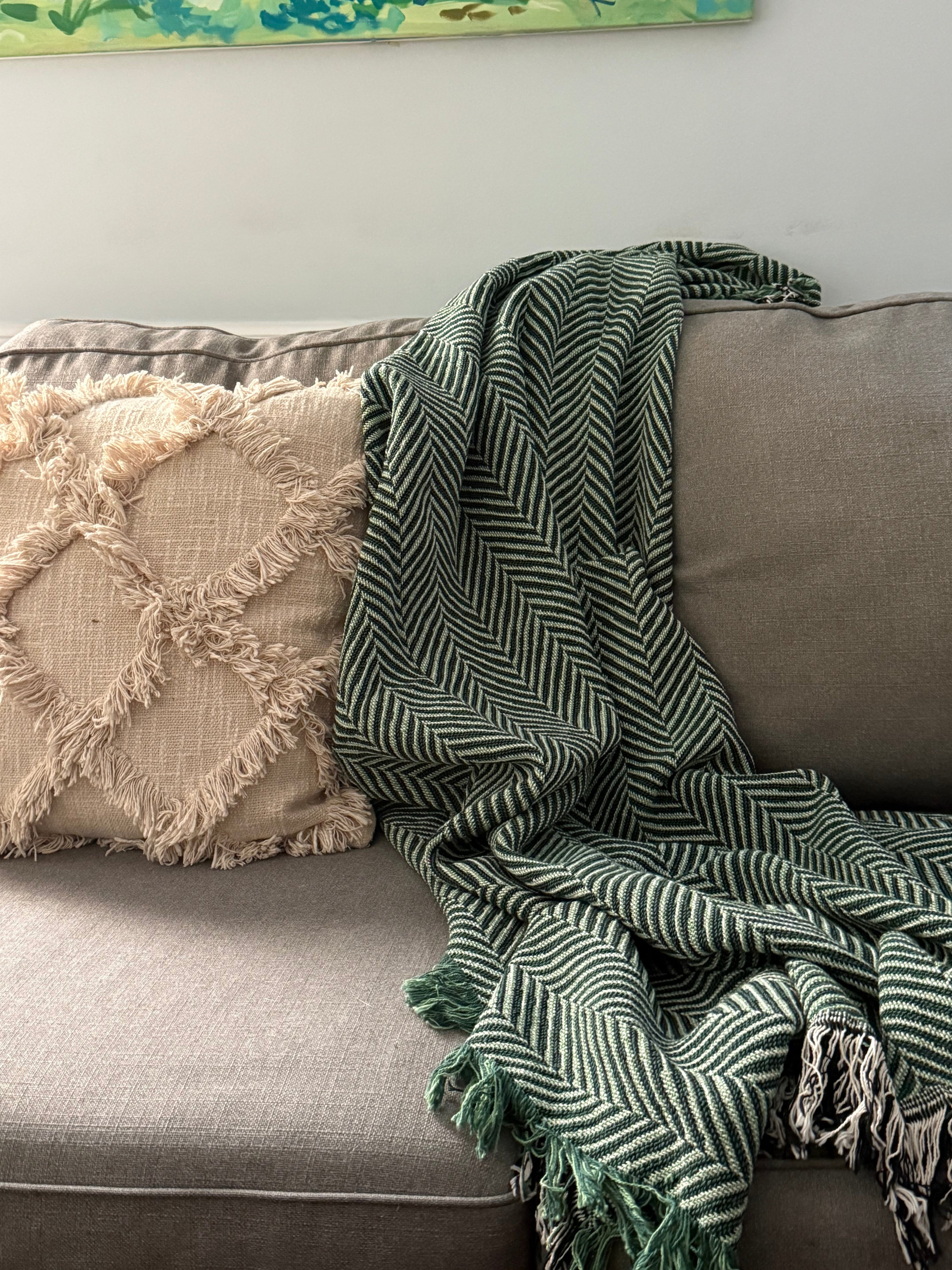 Henry Verbena Green Herringbone Cotton Throw Blanket
