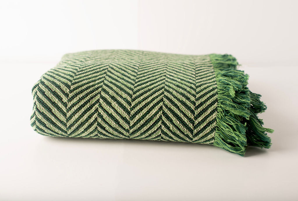 Henry Verbena Green Herringbone Cotton Throw Blanket