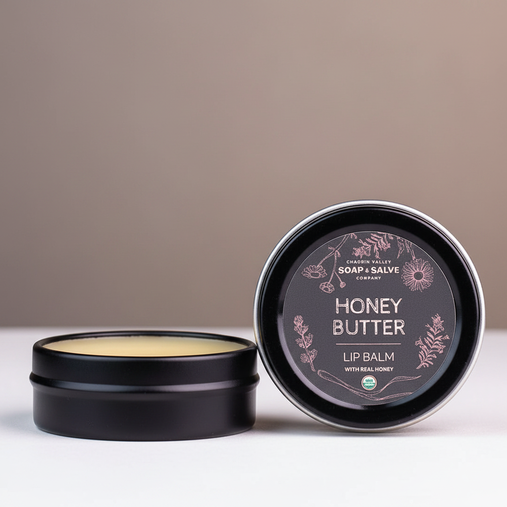 Honey Butter lip balm in a black tin with a dark background