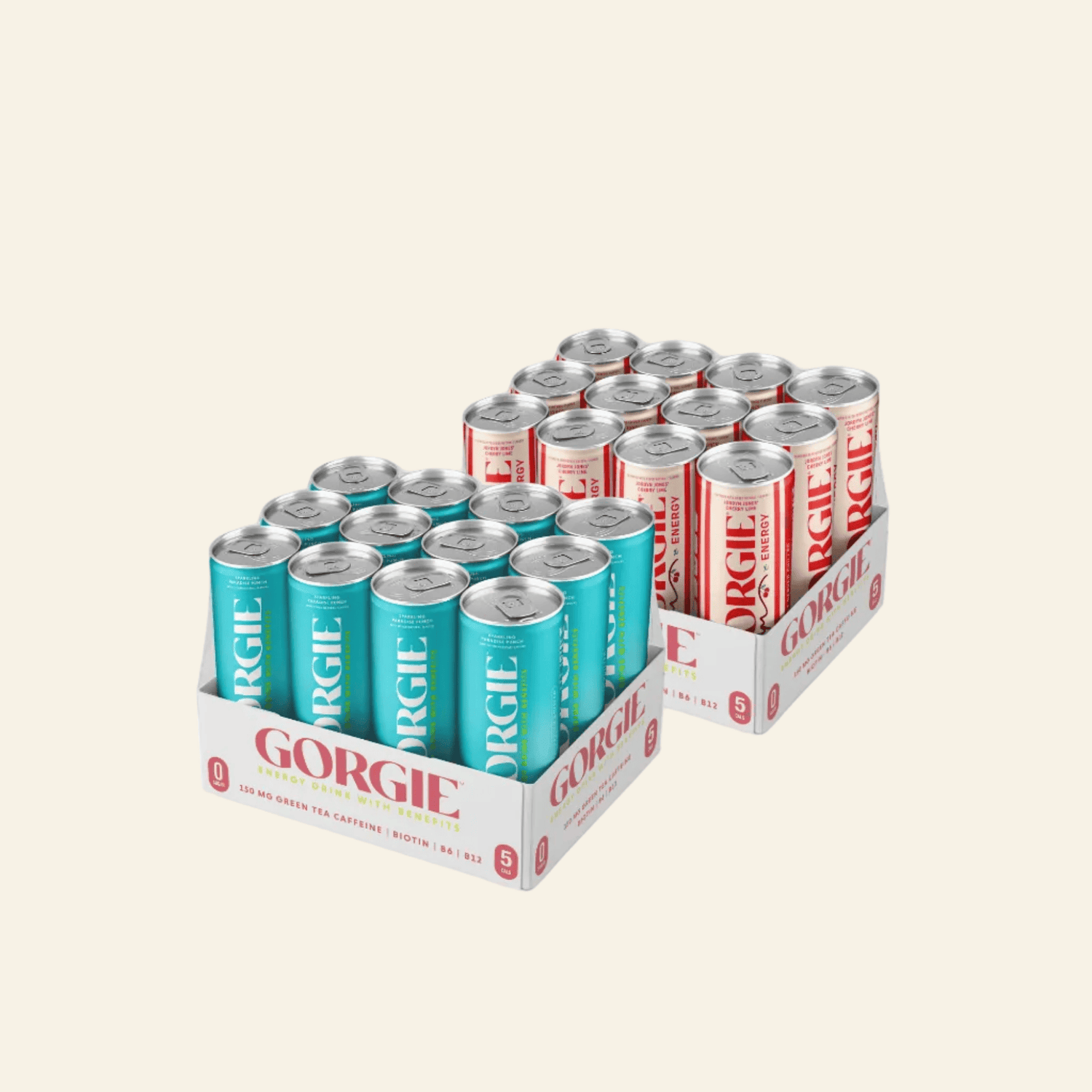 Assorted Gorgie energy drink cans in a box on a white background