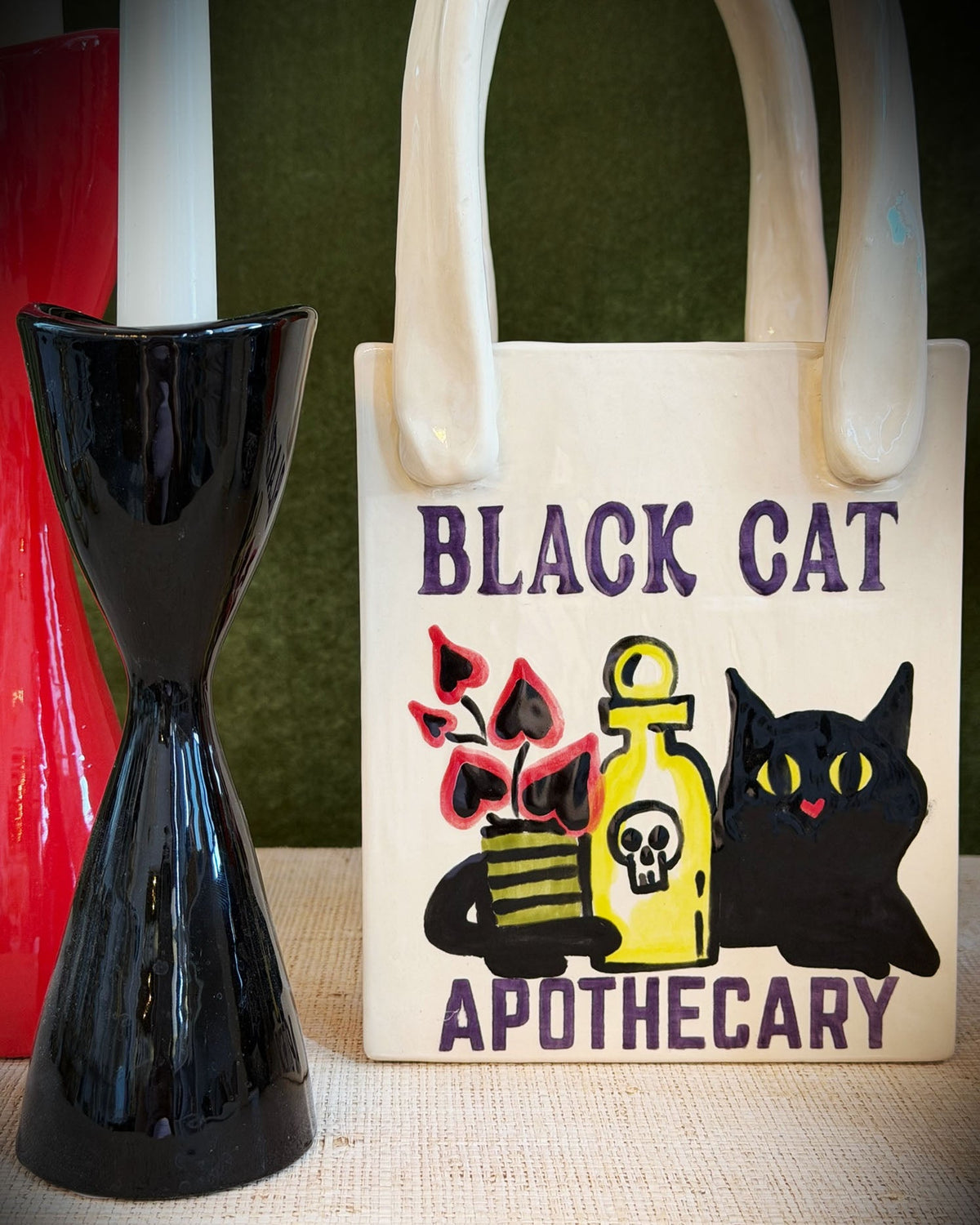 Black Cat Apothecary Tote Bag Vase Featuring Handpainted Artwork