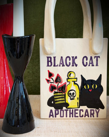Black Cat Apothecary Tote Bag Vase Featuring Handpainted Artwork