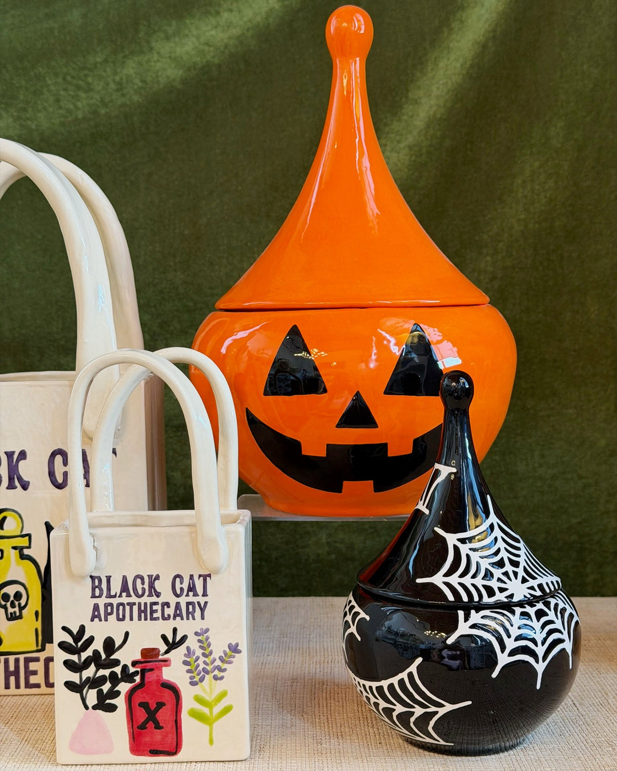 Black Cat Apothecary Tote Bag Vase Featuring Handpainted Artwork