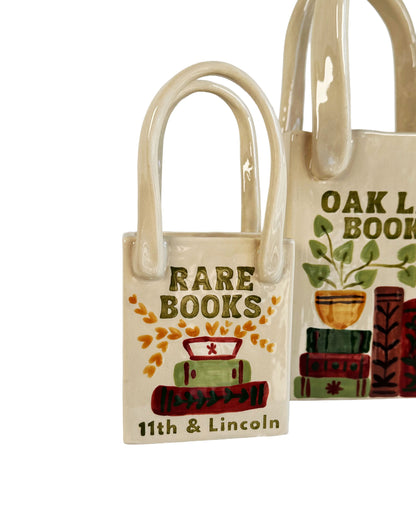 Book Shop Tote Bag Vase Featuring Handpainted Artwork