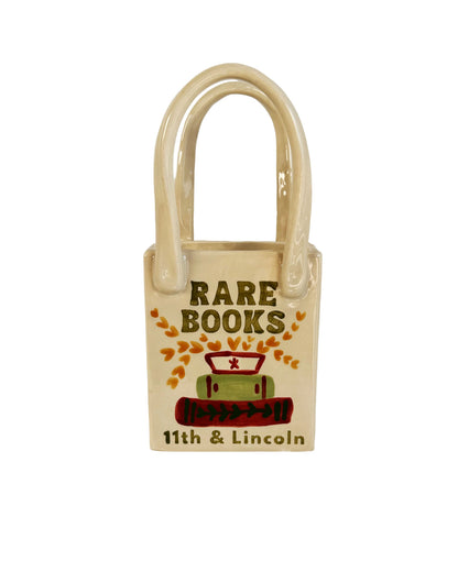 Book Shop Tote Bag Vase Featuring Handpainted Artwork