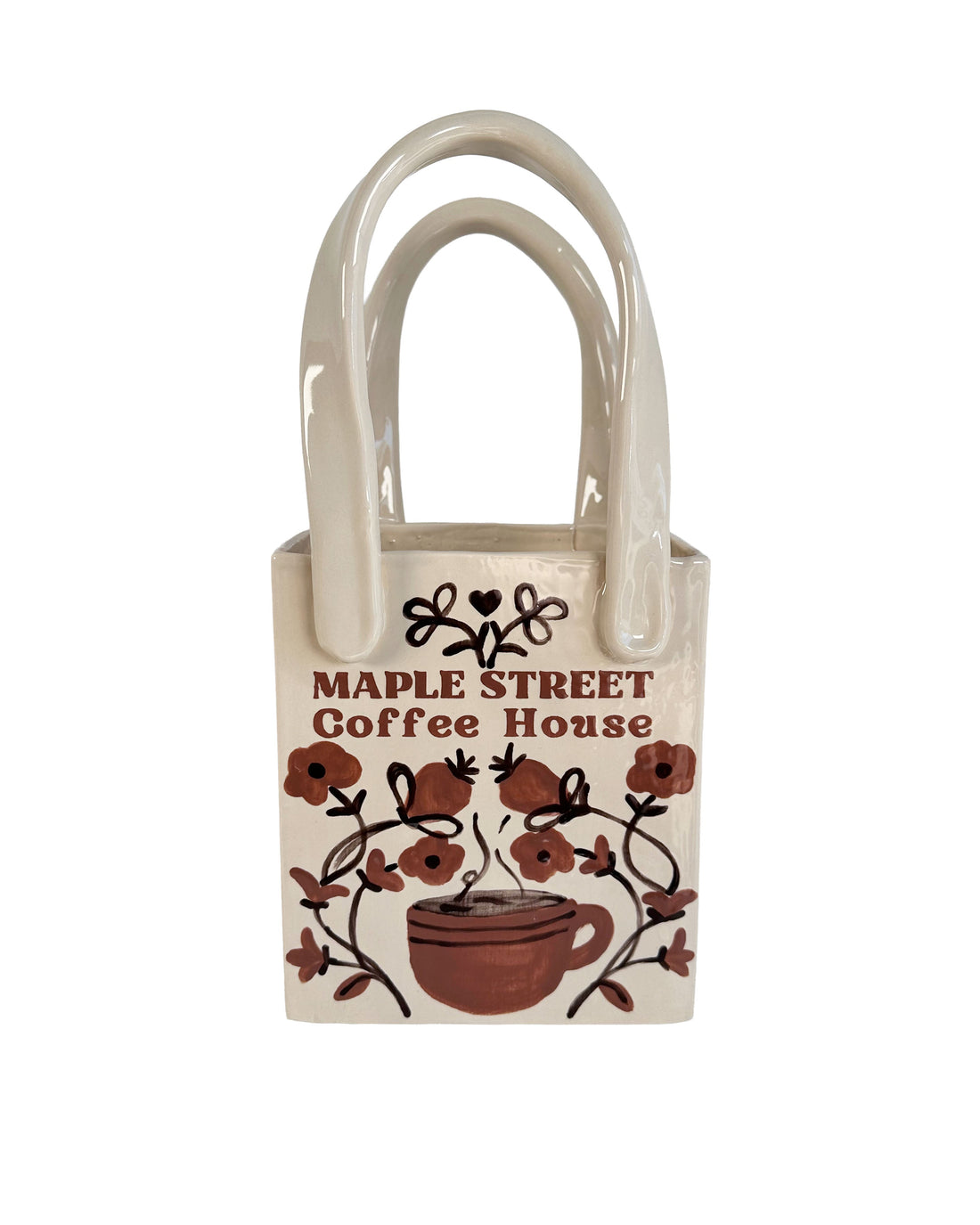 Coffee Shop Tote Bag Vase Featuring Handpainted Artwork