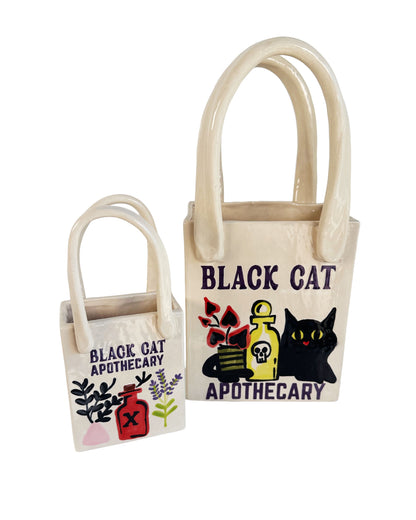 Black Cat Apothecary Tote Bag Vase Featuring Handpainted Artwork