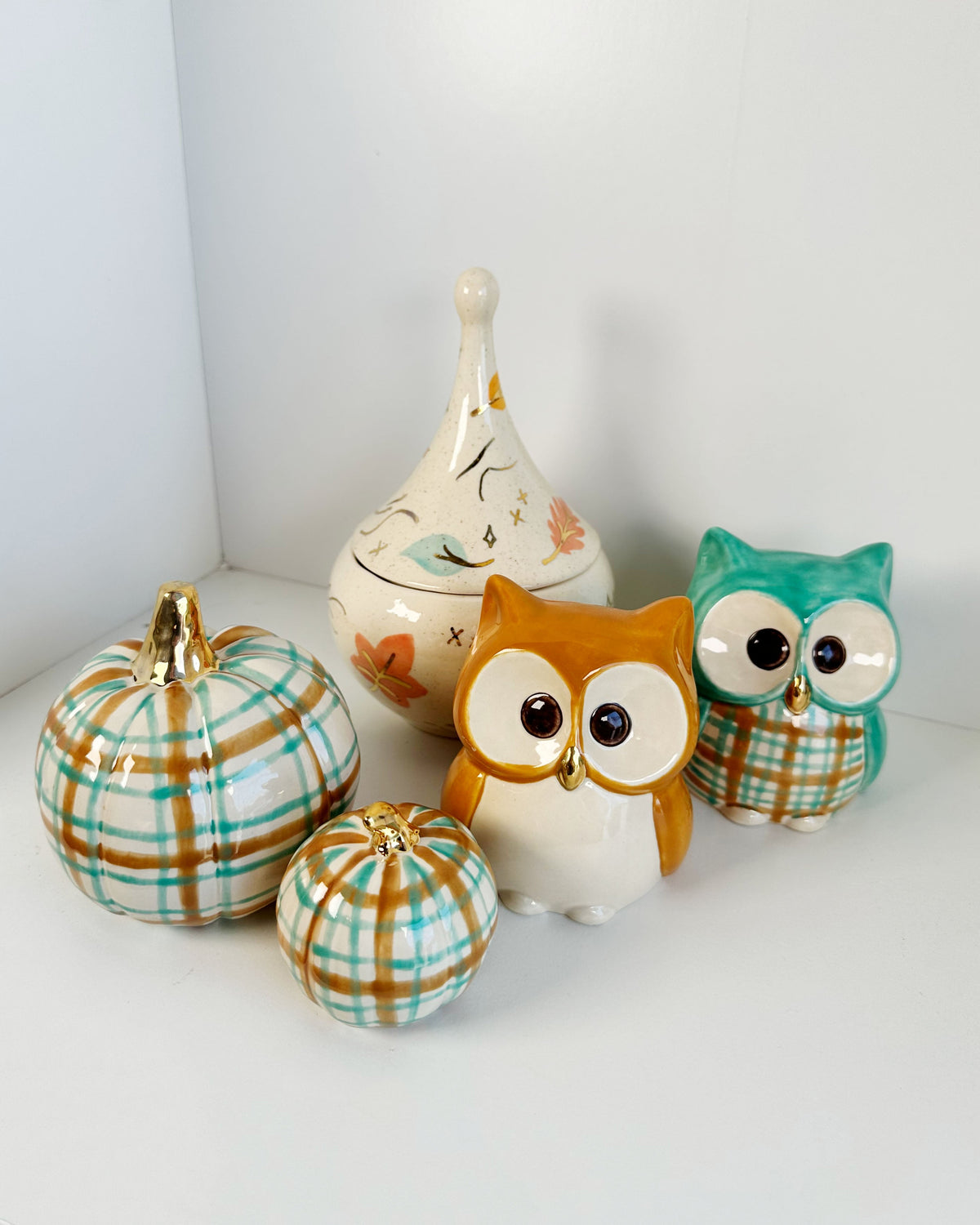 Sand &amp; Jade Plaid Pumpkins with 22k Gold Accents