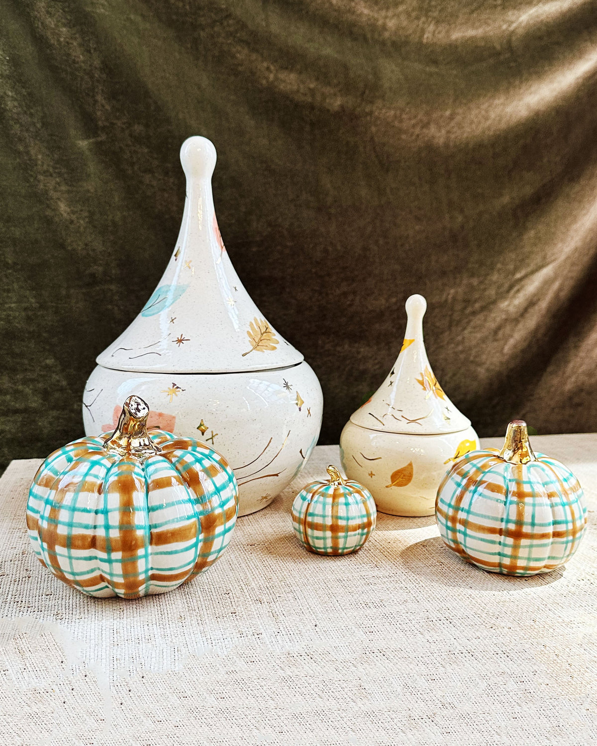 Sand &amp; Jade Plaid Pumpkins with 22k Gold Accents