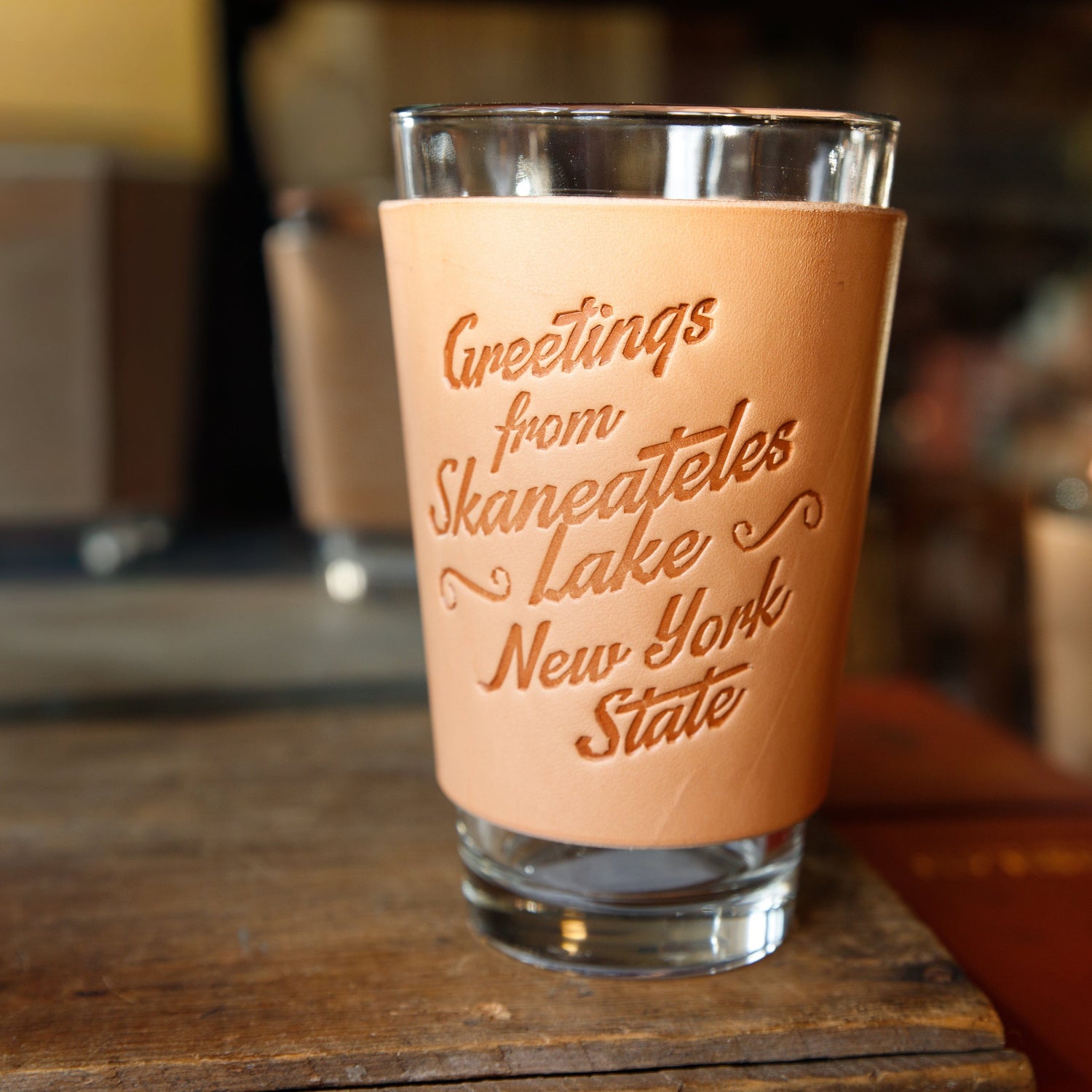 The Local Branch Leather Greetings / Natural Leather Pint Glass  - USA Made