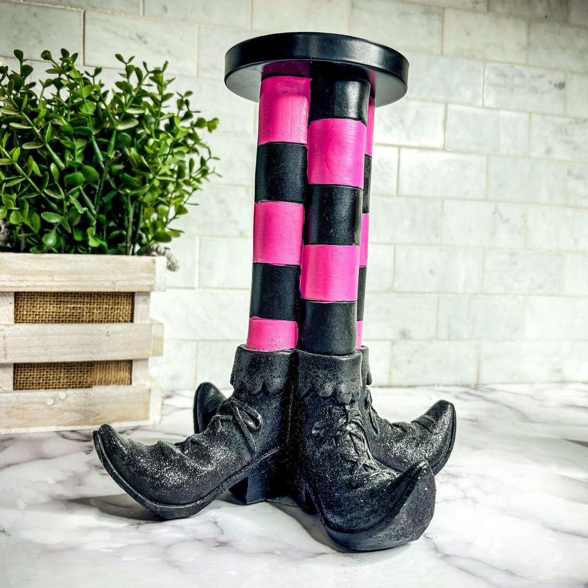 Gia Roma Halloween Sign Black &amp; Pink Wicked Witch Candle Holder