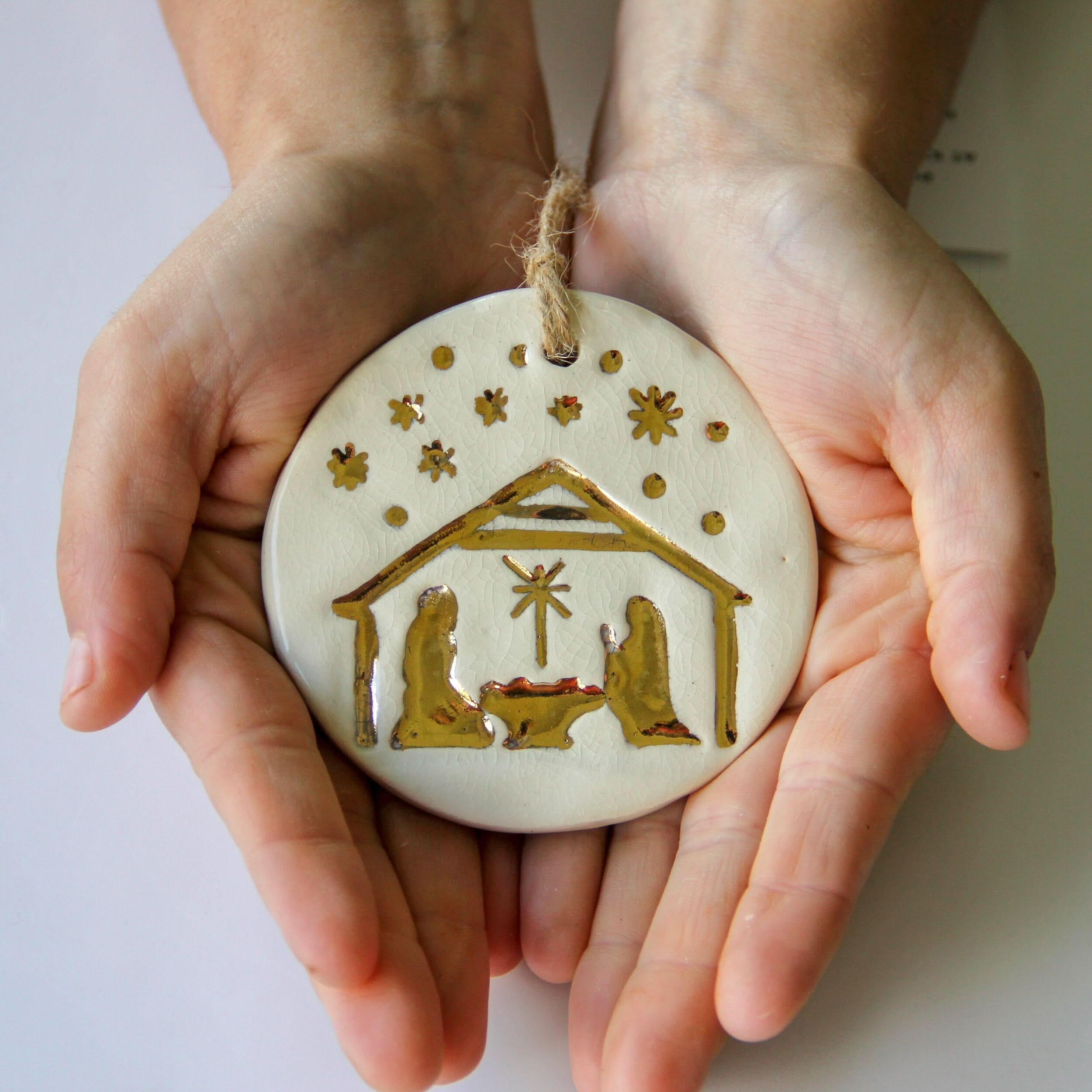 prodigalpottery Gold Leaf Nativity Ornament