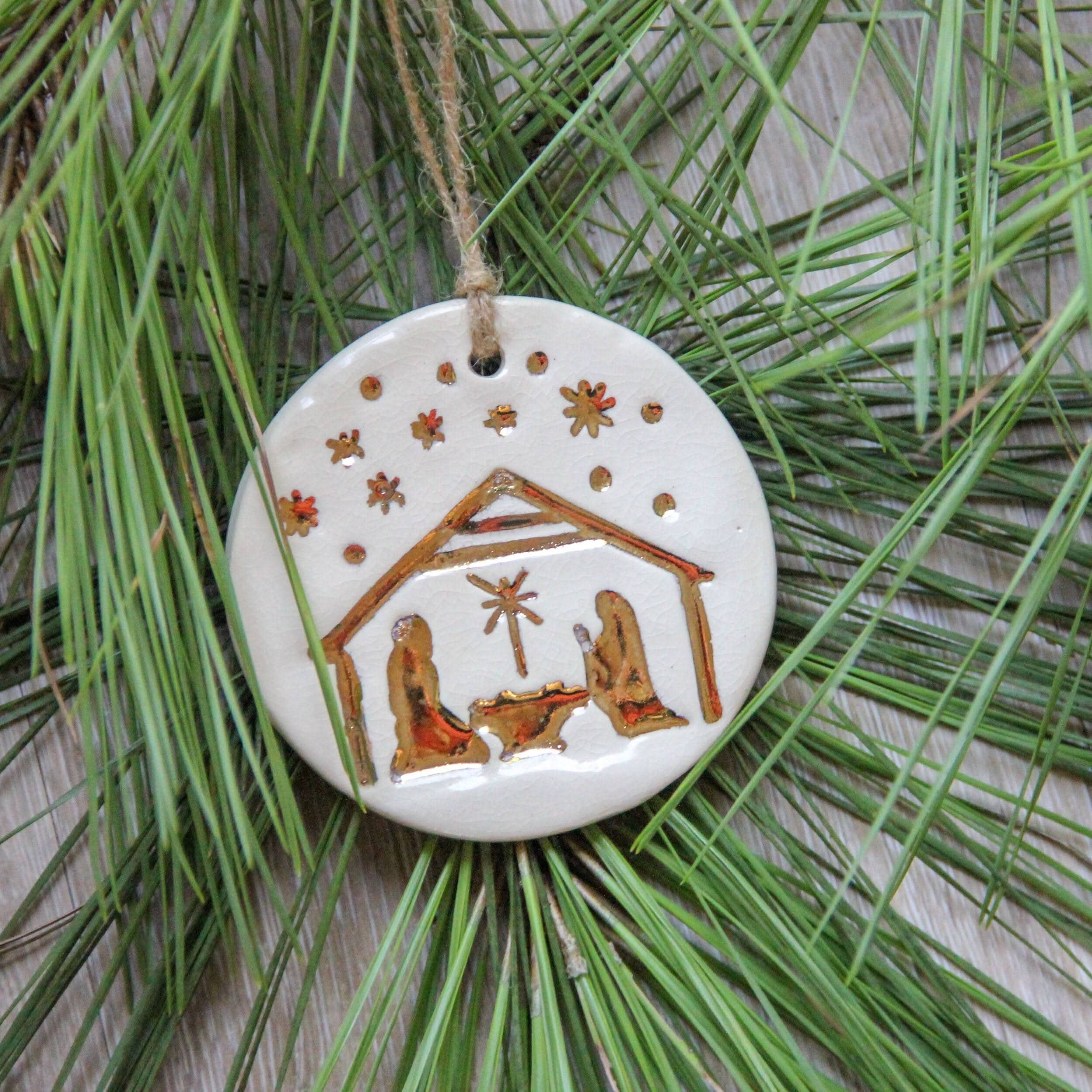 prodigalpottery Gold Leaf Nativity Ornament