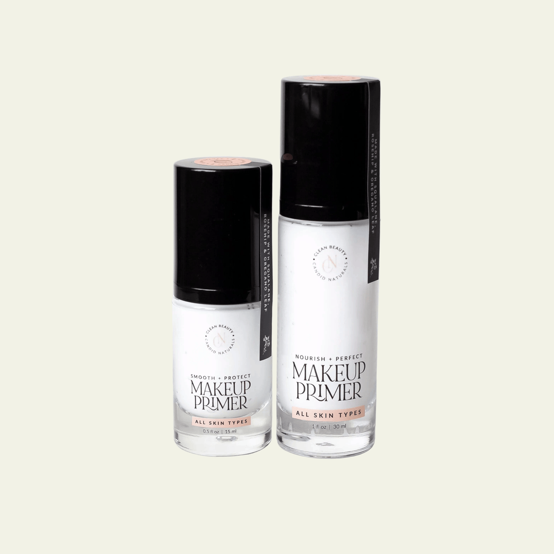 Two makeup primer bottles with black caps on a white background