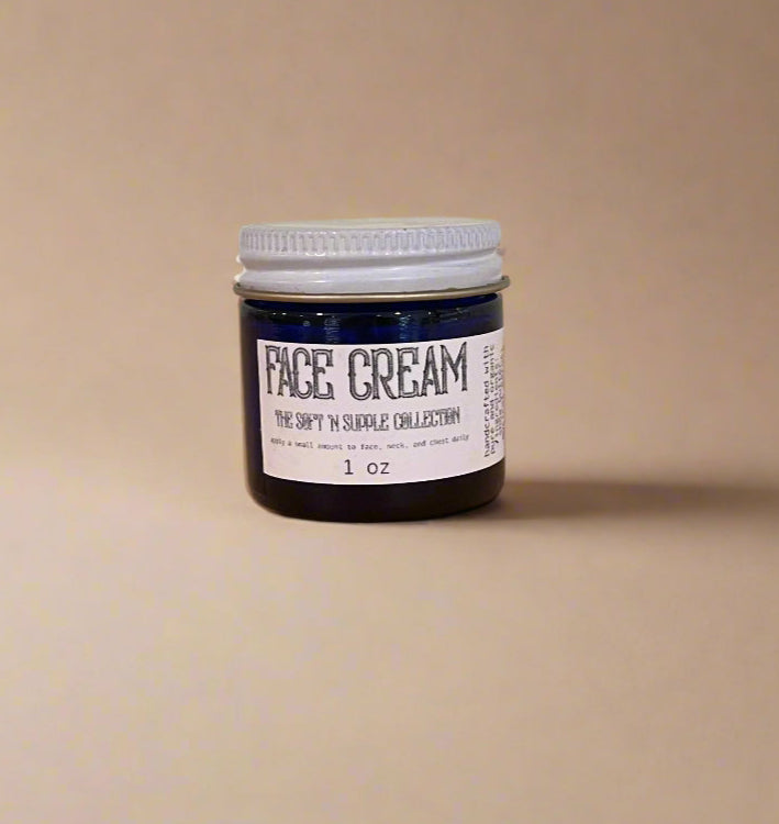 Jar of face cream with a label on a beige background
