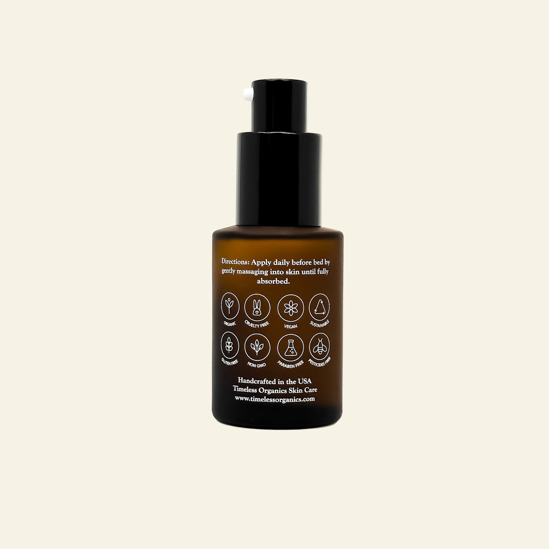 Skincare bottle with black cap and detailed label on a white background