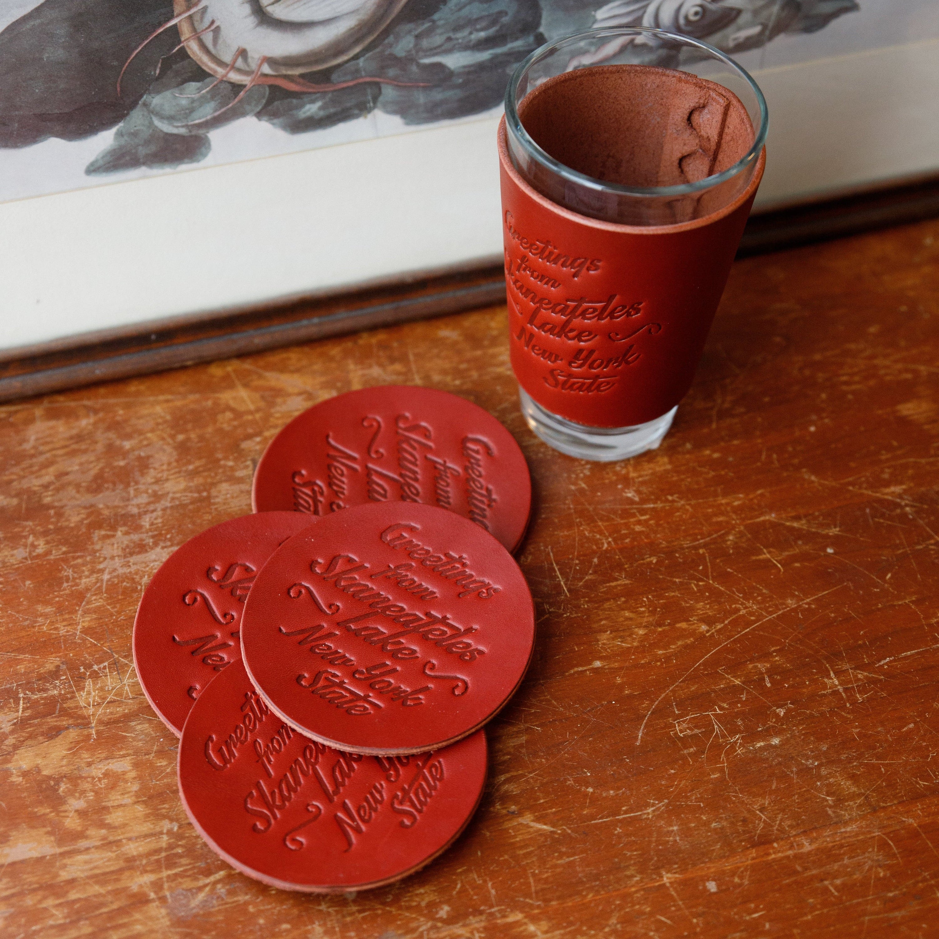 The Local Branch Leather Greeting From Skaneateles / Saddle Leather Coasters