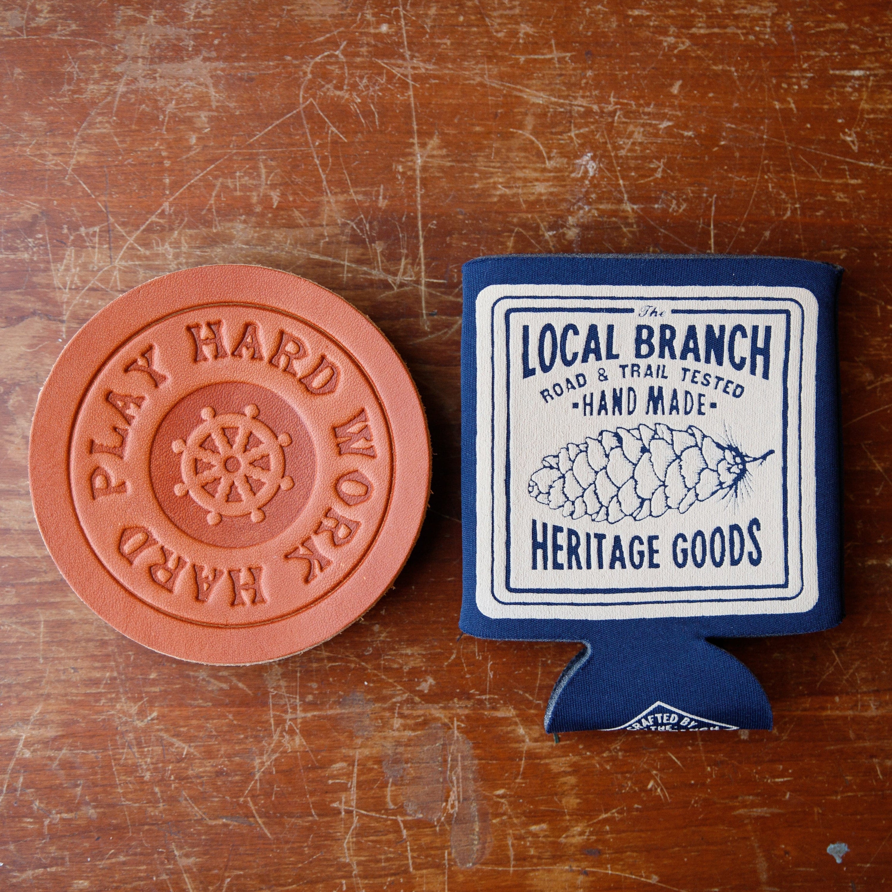 The Local Branch Leather Work Hard Play Hard / Caramel Leather Coasters