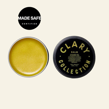Clary Collection balm with open lid on a white background, featuring &