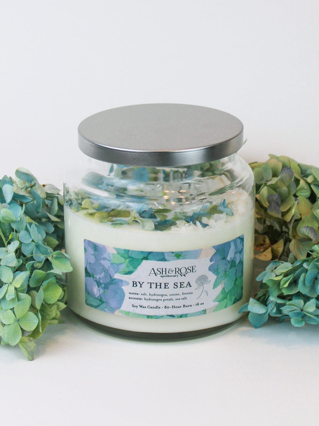 Ash &amp; Rose candle 16 oz Apothecary Jar BY THE SEA Hydrangea Sea Salt Candle