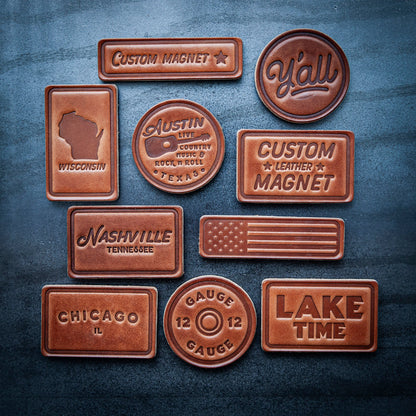 Austin Texas Script Leather Magnet Block Style