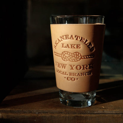 The Local Branch Leather Skaneateles Knot / Natural Leather Pint Glass  - USA Made
