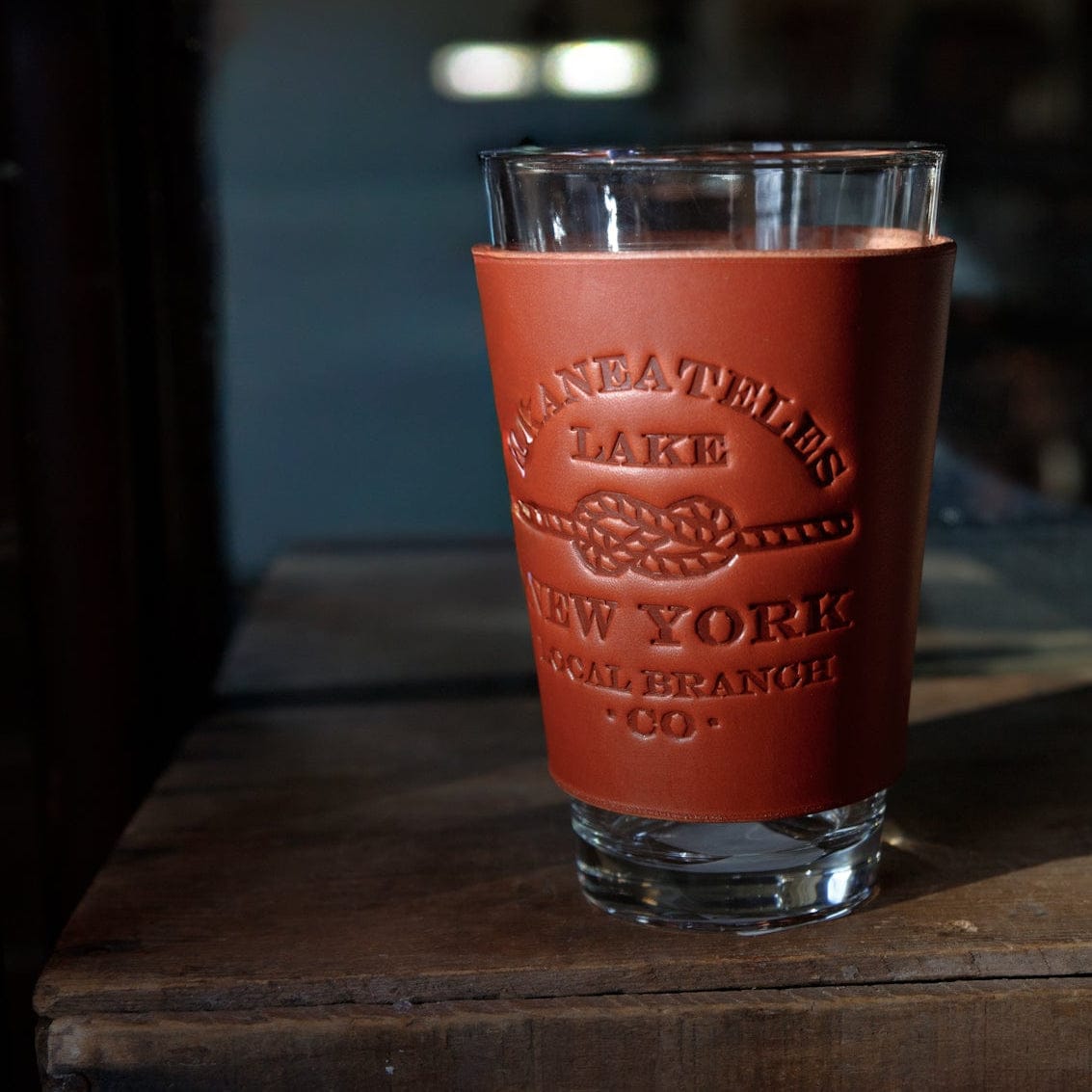 The Local Branch Leather Skaneateles Knot / Saddle Leather Pint Glass  - USA Made