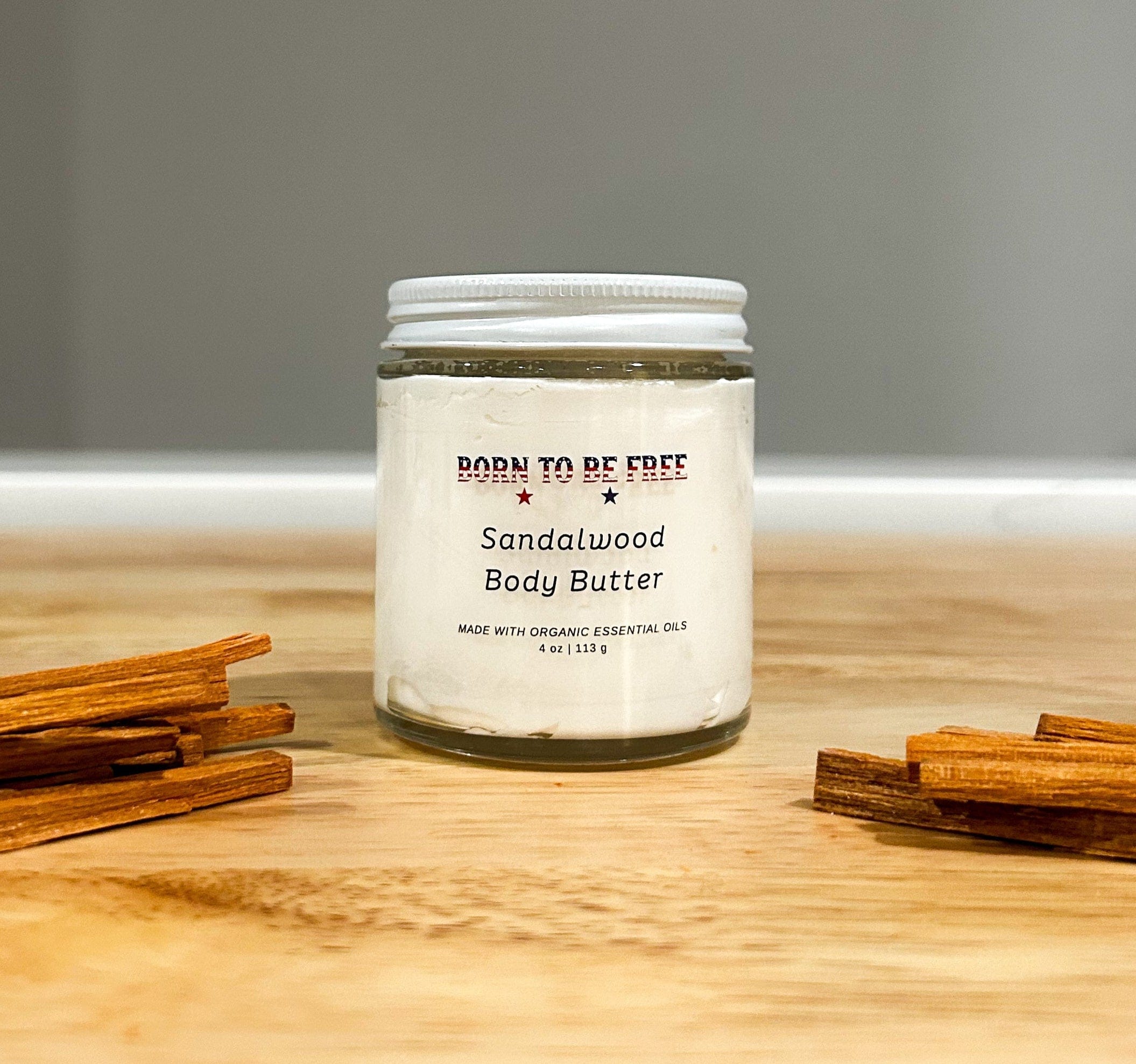 Born To Be Free Moisturizer 4 oz Glass Jar Sandalwood Body Butter