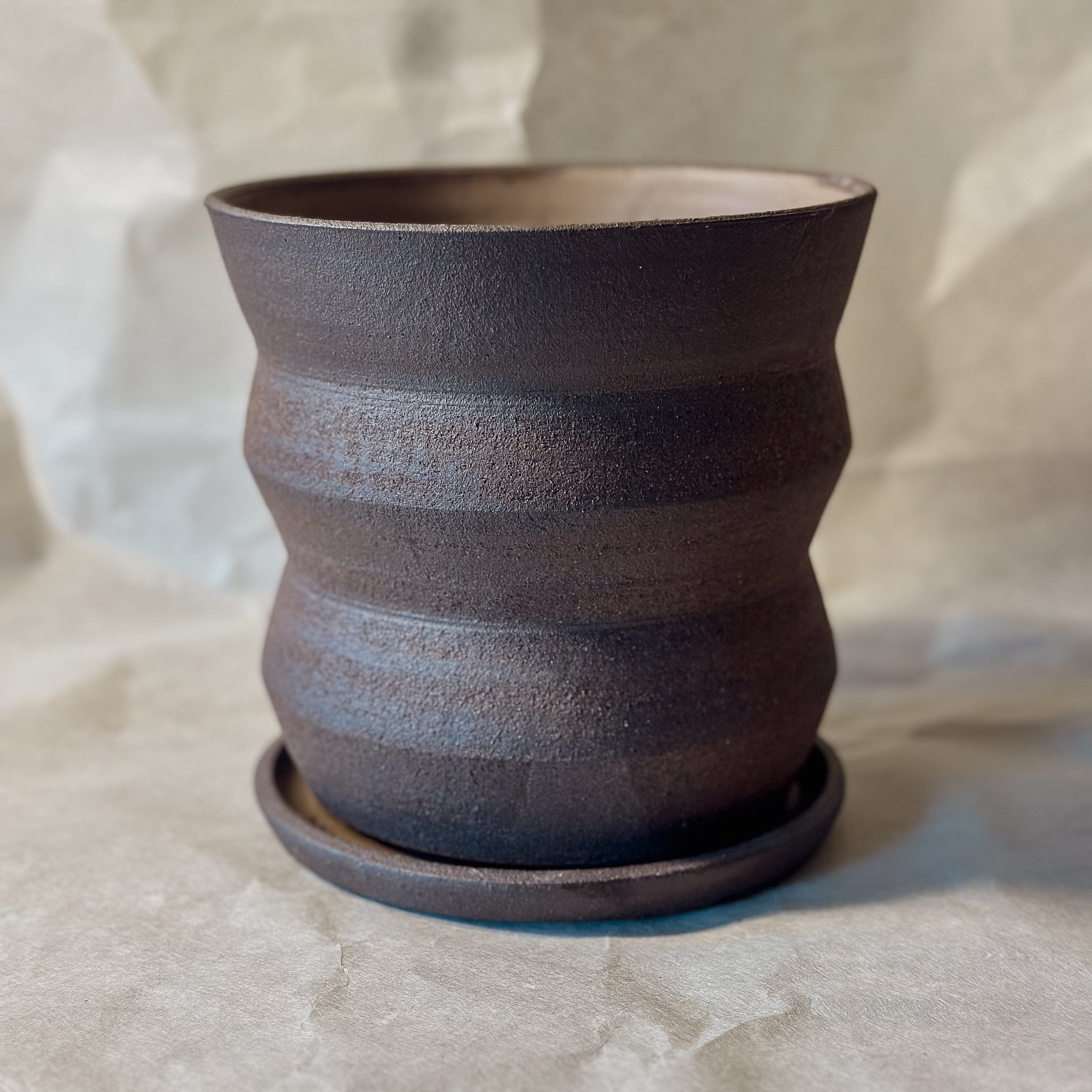 Olivia Snow Ceramics planter 6" Angled Dark Brown Planter with Saucer and Drainage
