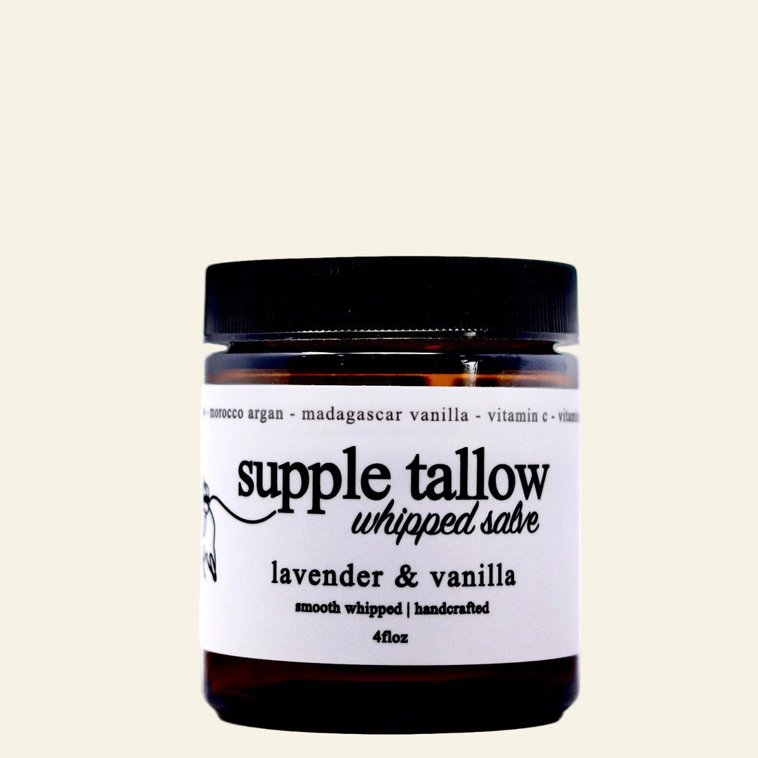 Supple Tallow whipped salve jar with lavender &amp; vanilla scent on a white background