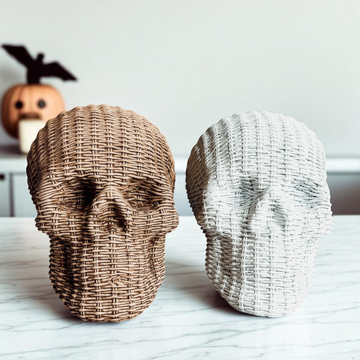Skull Me Rattan-Style Skull Decor – Natural &amp; White Resin