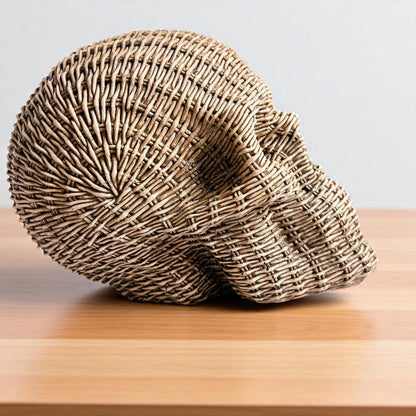 Gia Roma Basket Weave Statue Skull Me Rattan-Style Skull Decor – Natural &amp; White Resin