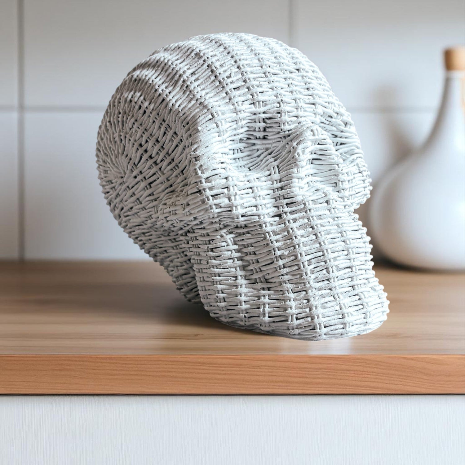 Skull Me Rattan-Style Skull Decor – Natural &amp; White Resin