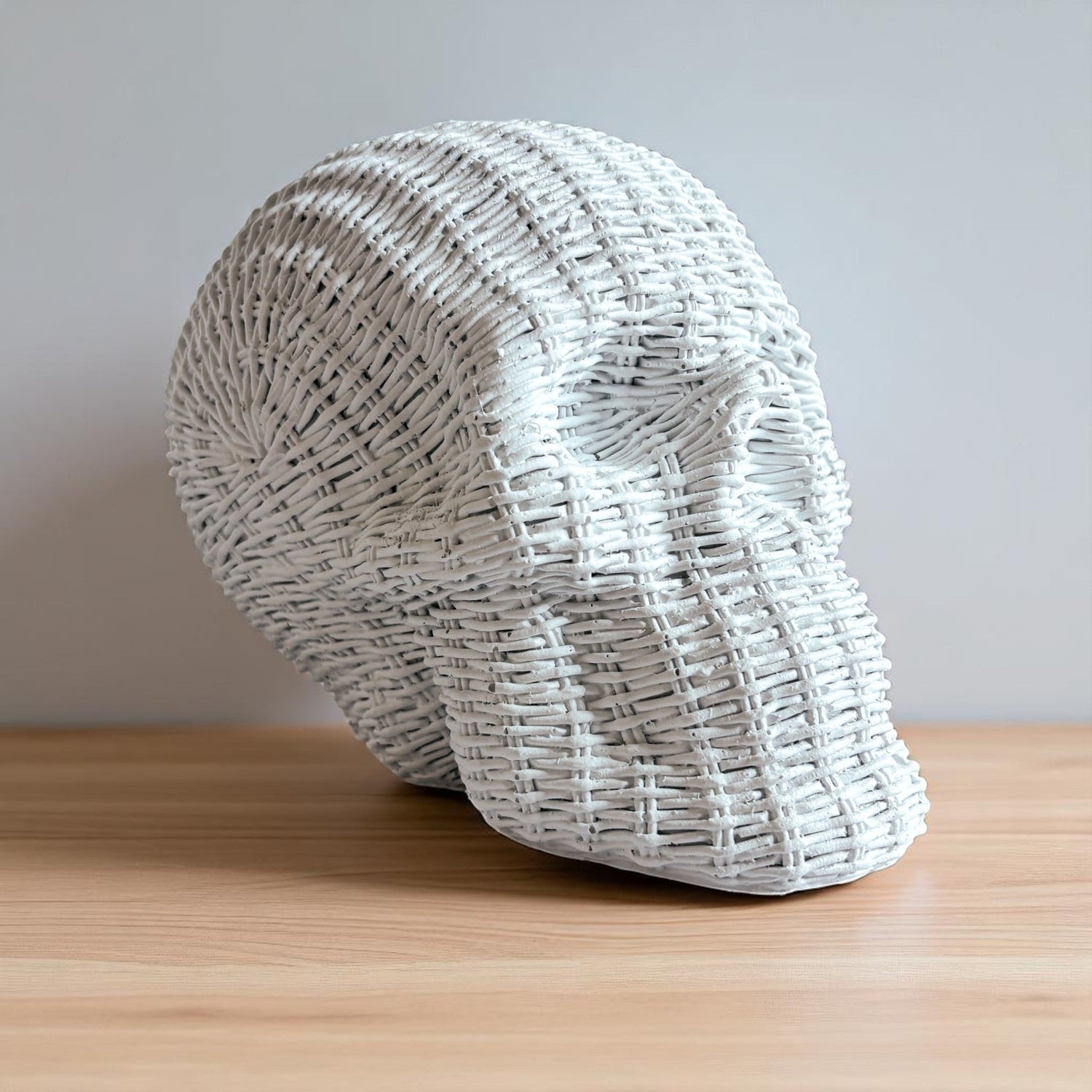 Skull Me Rattan-Style Skull Decor – Natural &amp; White Resin