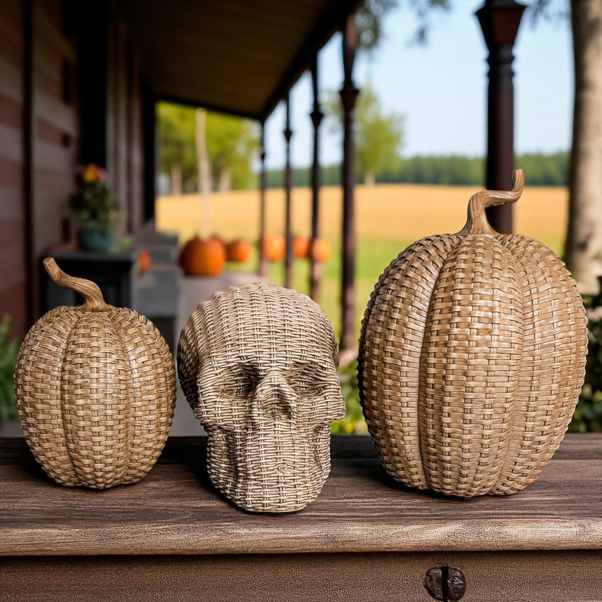 Skull Me Rattan-Style Skull Decor – Natural &amp; White Resin