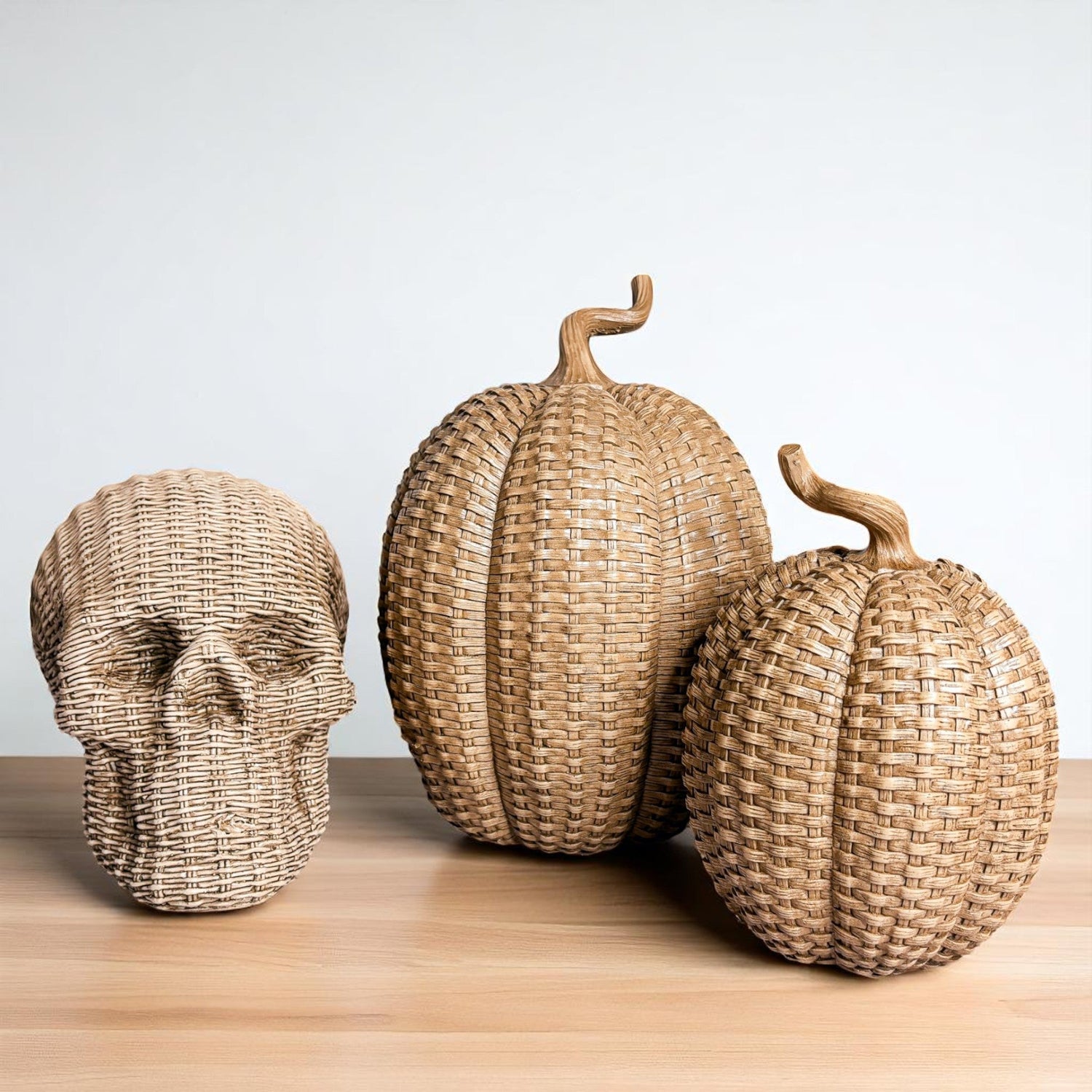 Skull Me Rattan-Style Skull Decor – Natural &amp; White Resin