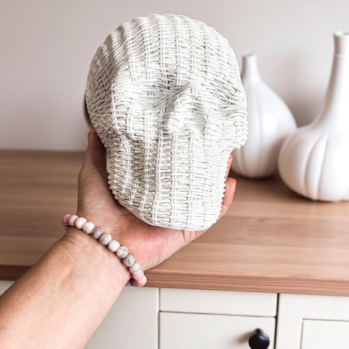 Skull Me Rattan-Style Skull Decor – Natural &amp; White Resin