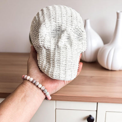 Skull Me Rattan-Style Skull Decor – Natural &amp; White Resin