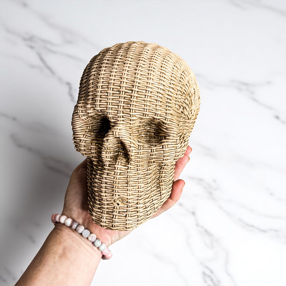 Skull Me Rattan-Style Skull Decor – Natural &amp; White Resin