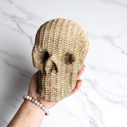Skull Me Rattan-Style Skull Decor – Natural &amp; White Resin