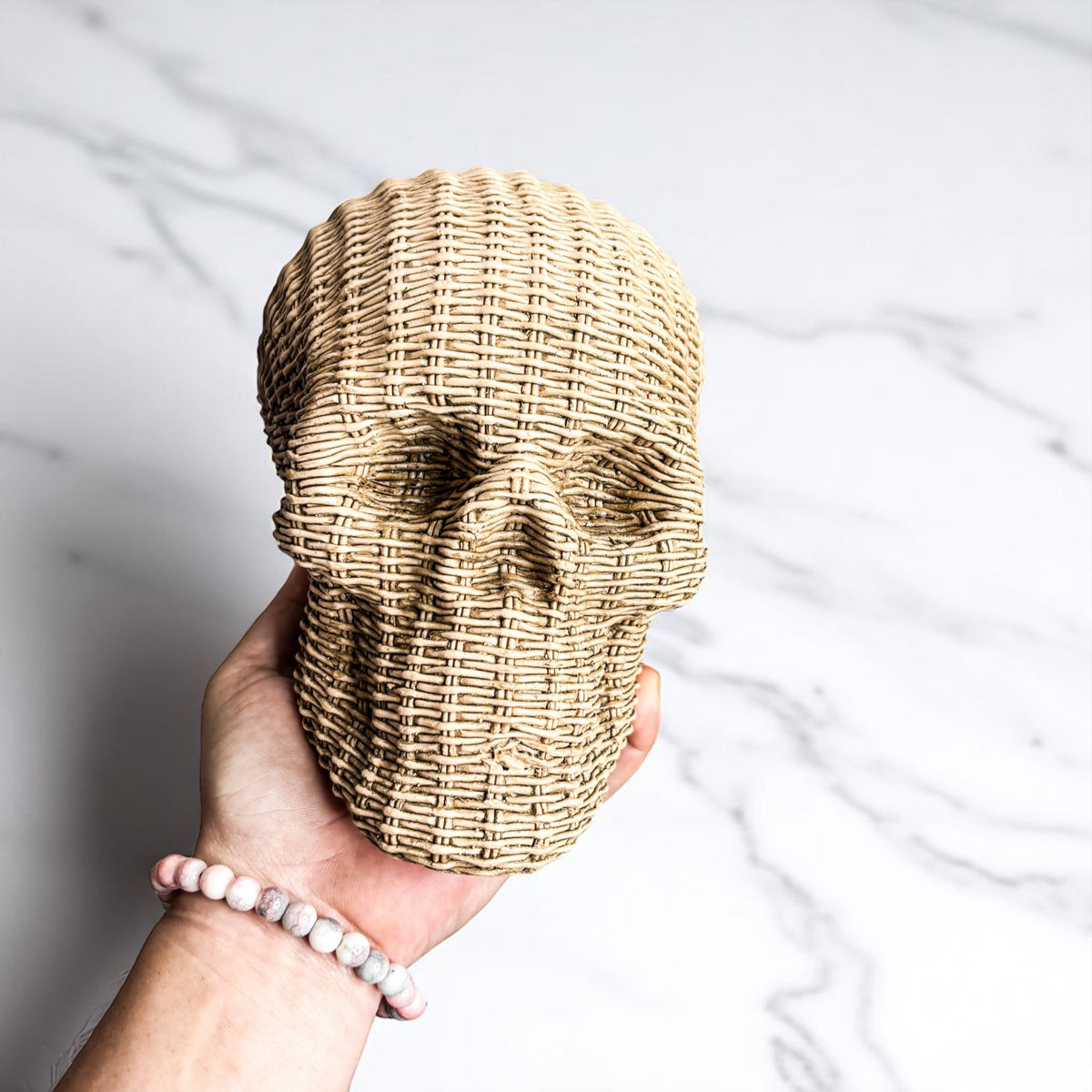 Skull Me Rattan-Style Skull Decor – Natural &amp; White Resin