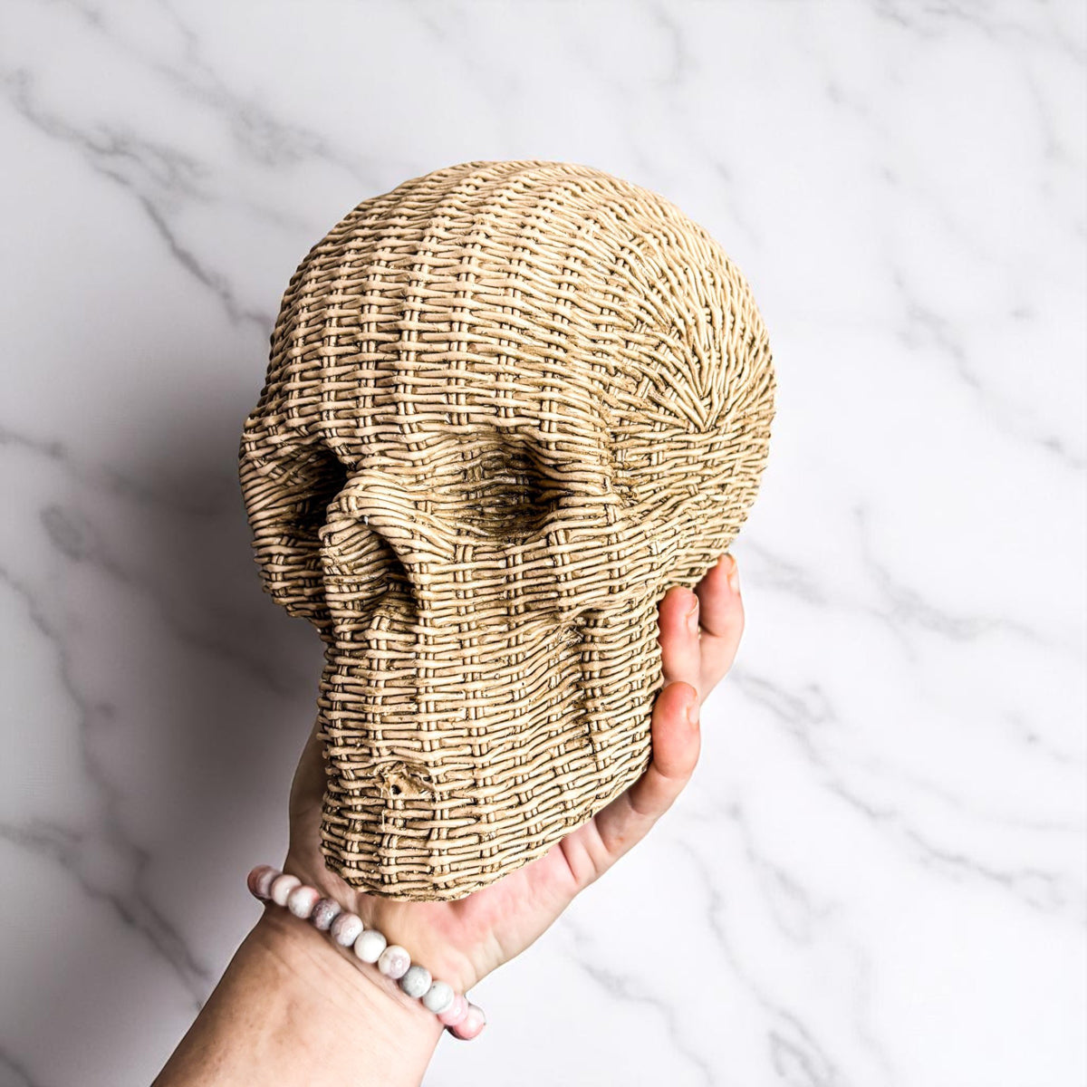 Skull Me Rattan-Style Skull Decor – Natural &amp; White Resin