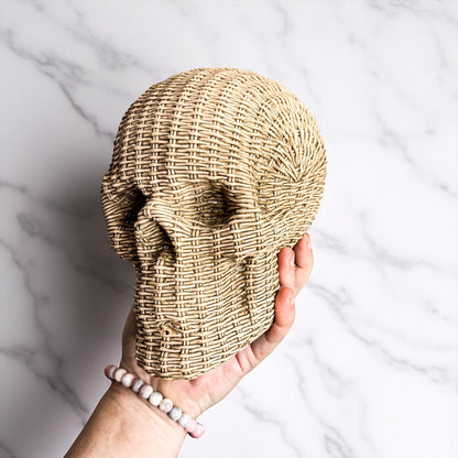 Skull Me Rattan-Style Skull Decor – Natural &amp; White Resin