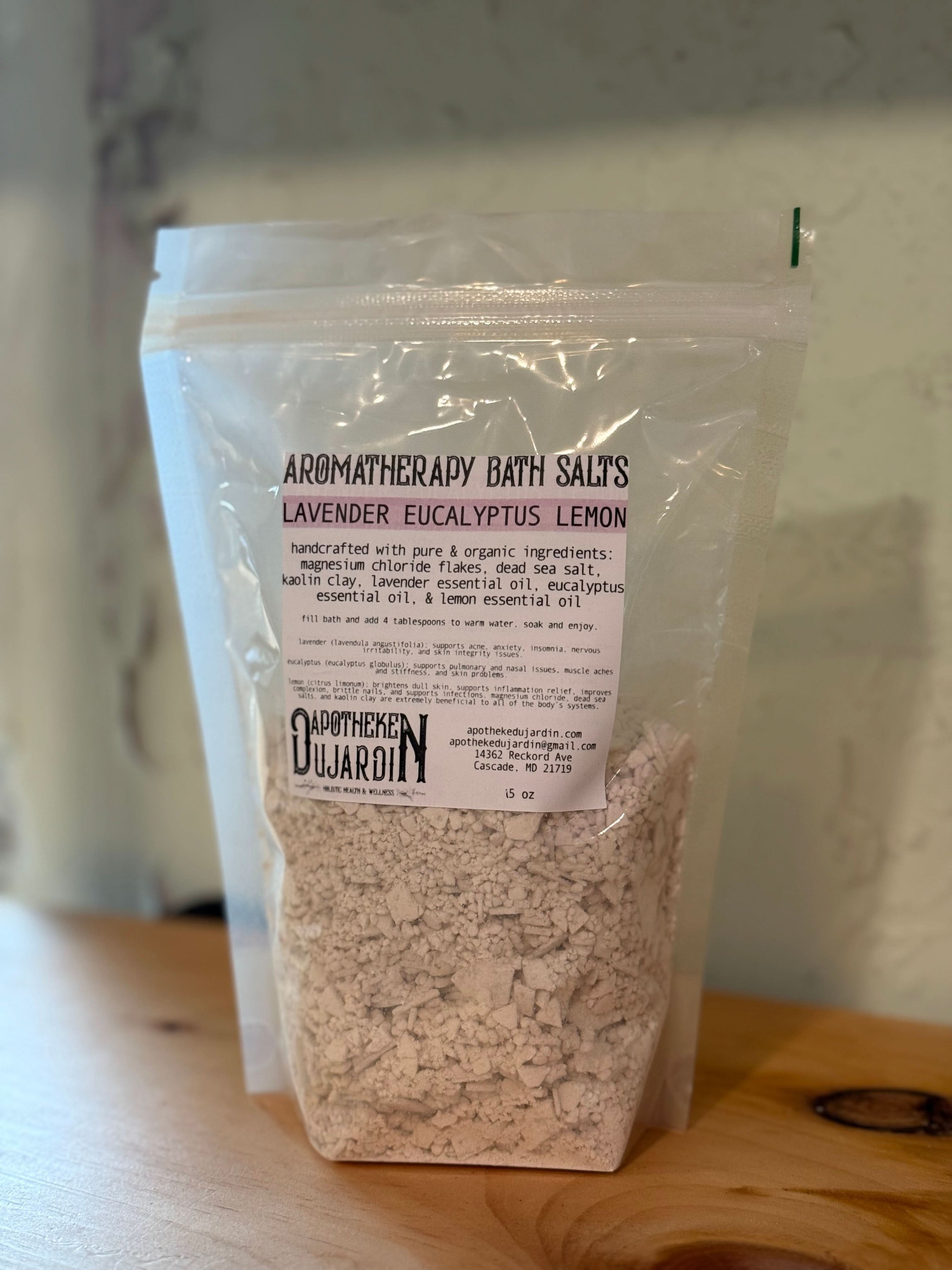 Apotheke DuJardin bath salts 15 ounce bag Aromatherapy Bath Salts- Lavender, Eucalyptus, &amp; Lemon