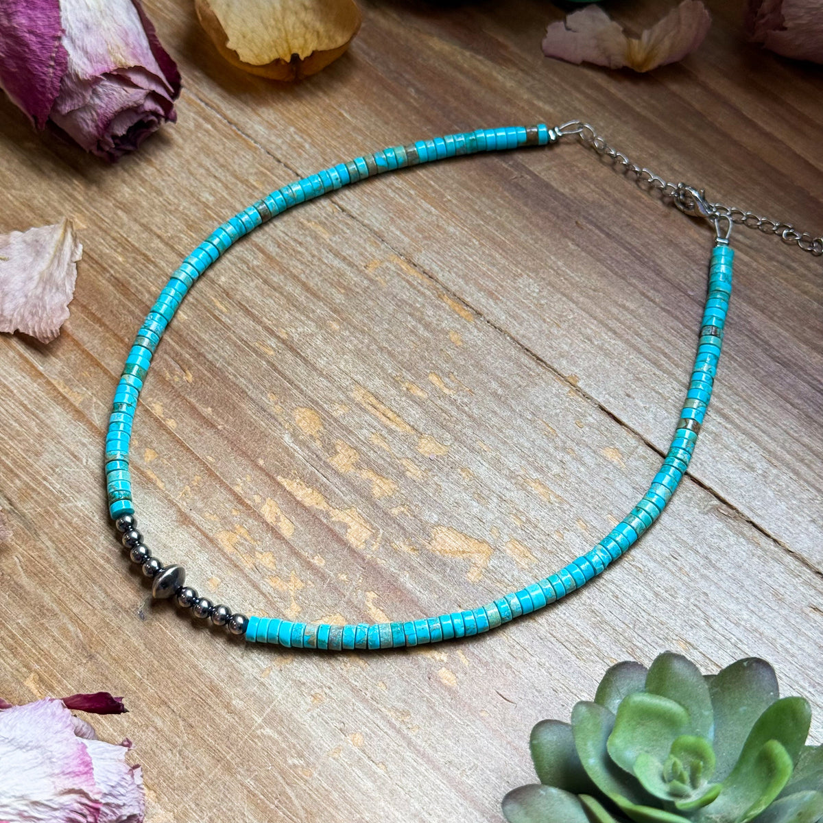 14" Variscite Turquoise &amp; Sterling Silver Pearl Choker