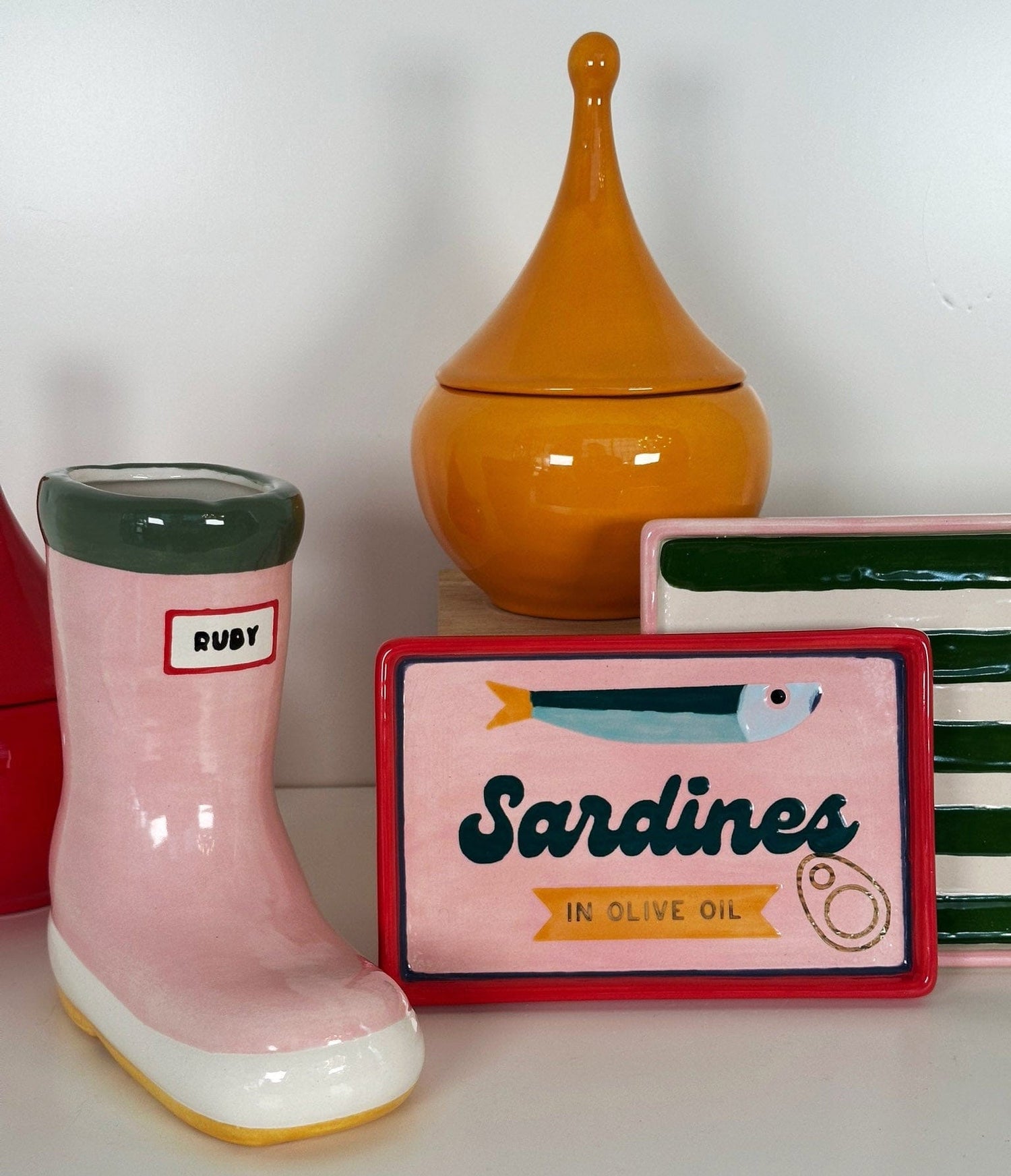 Ruby Clay Company Striped Low Profile Tray in Pink &amp; Green
