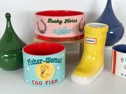 Ruby Clay Company "Canned" Cod Fish Vase