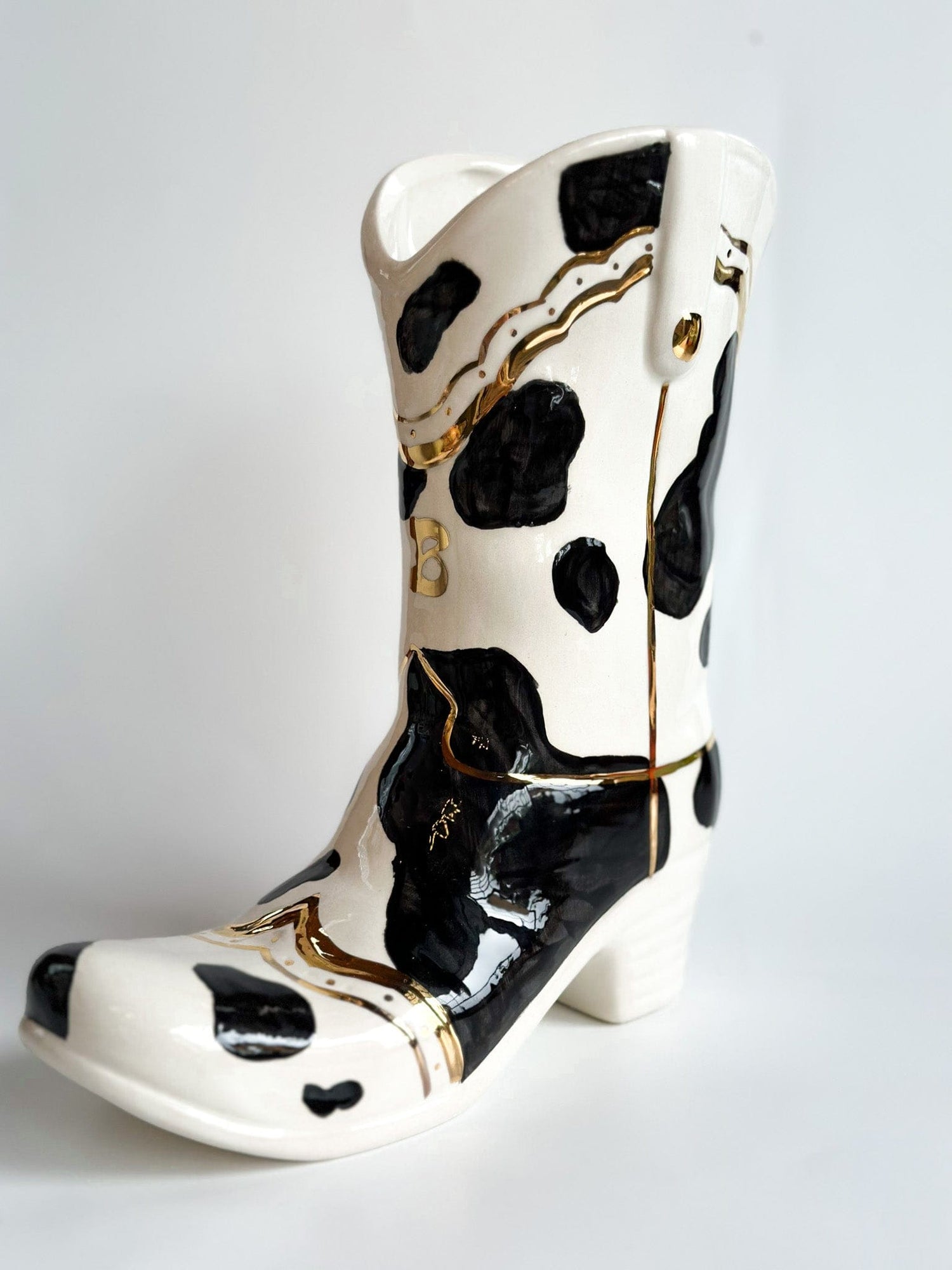 Ruby Clay Company Monogrammed Cow Print Cowboy Boot Vase