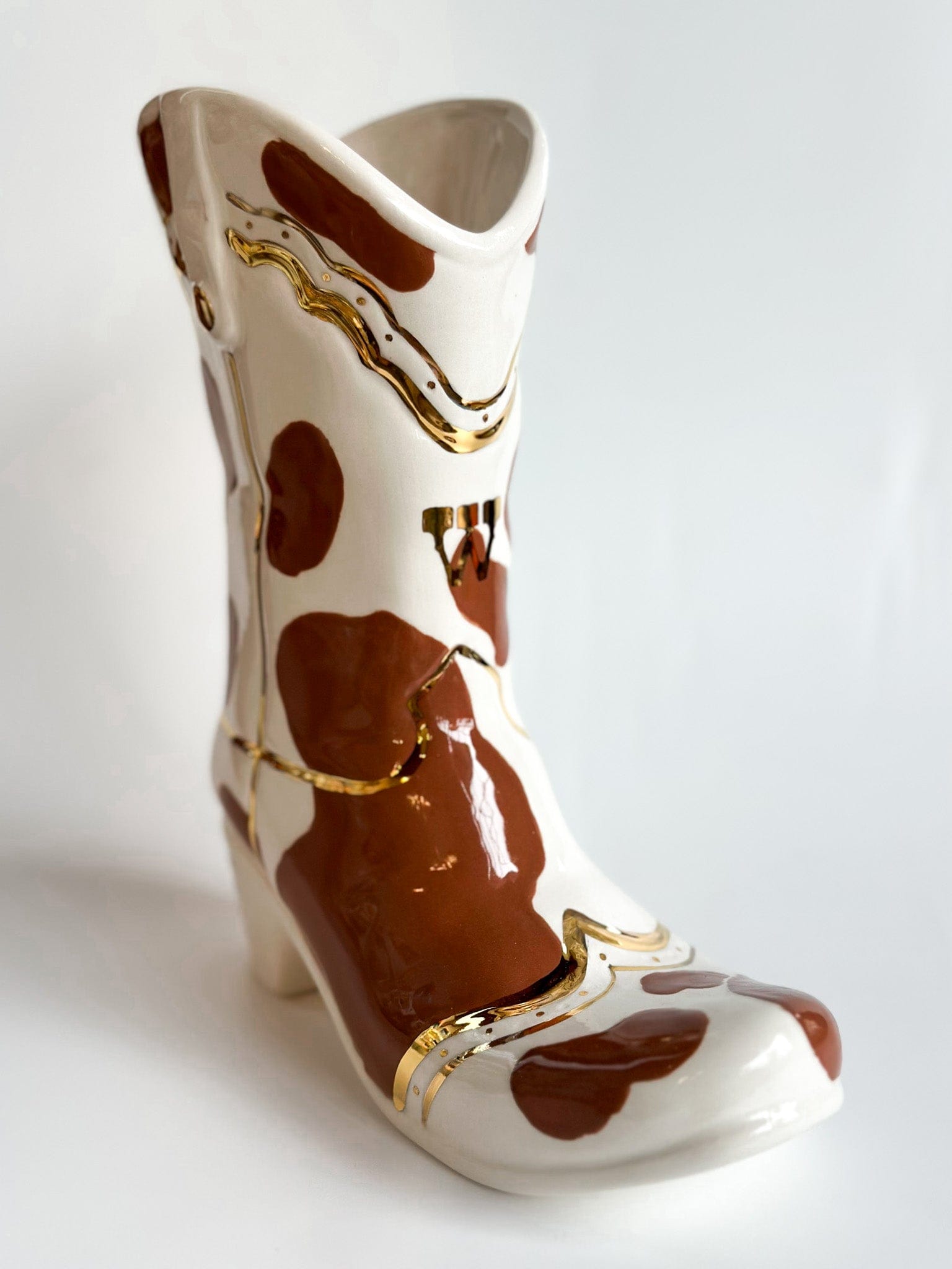 Ruby Clay Company Chocolate Monogrammed Cow Print Cowboy Boot Vase